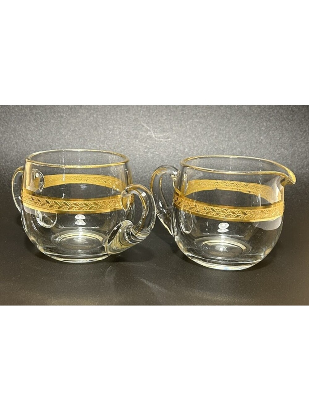 Vintage Heisey Crystal Open Sugar Bowl & Creamer Set Encrusted Gold Design 1950s